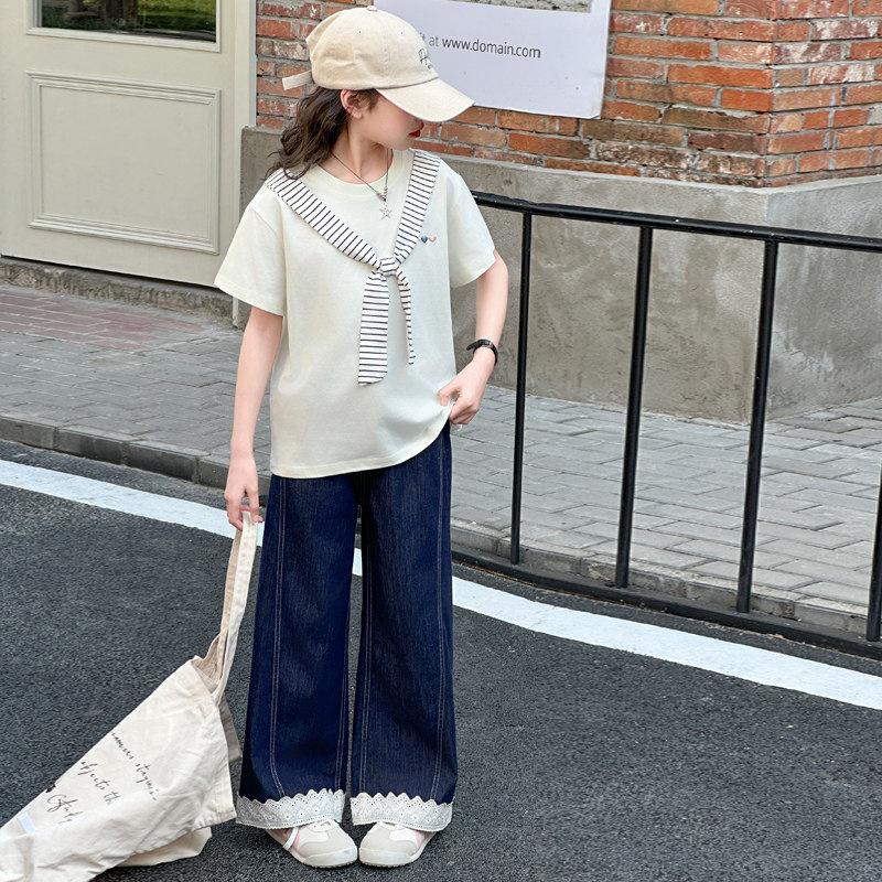 Girls' Casual Summer Two-Piece Set: Korean Style Cotton Top & Denim Pants for Kids (2026).