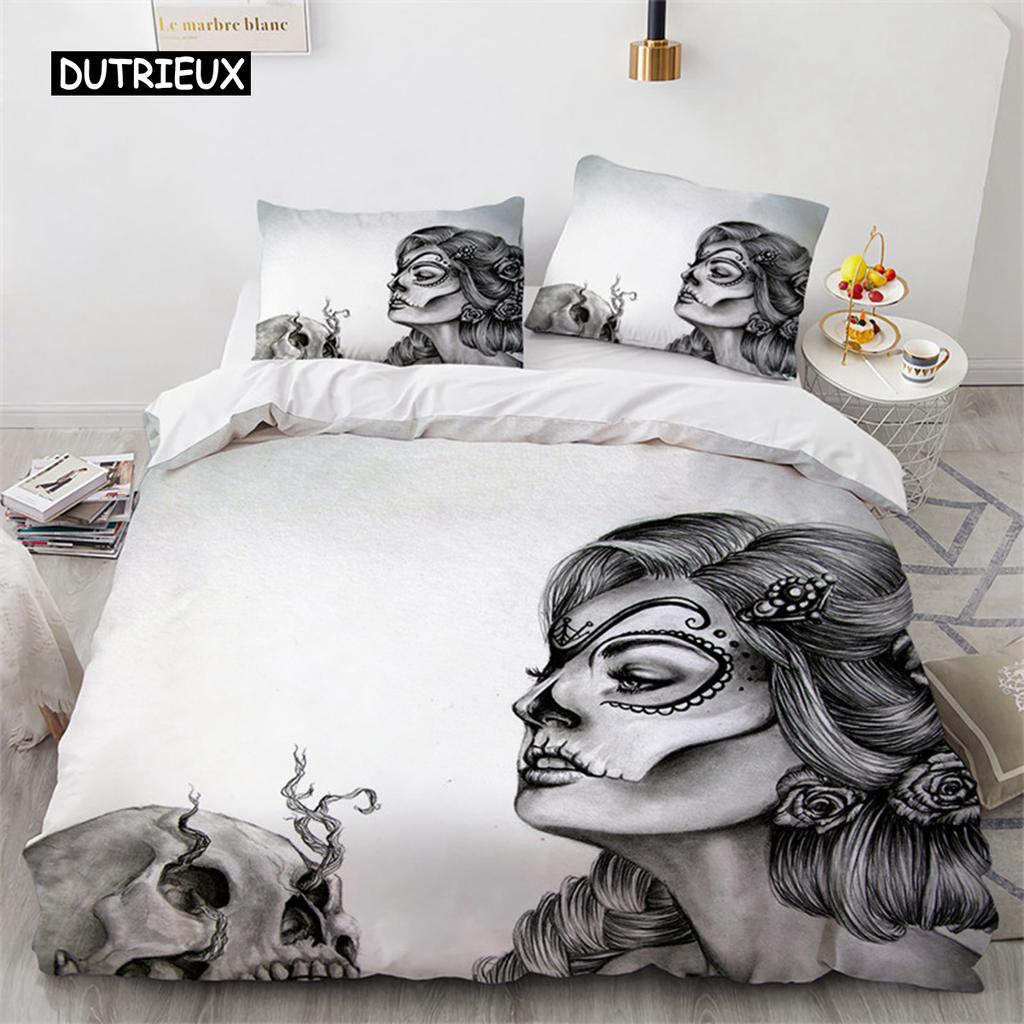 Skull Duvet Cover Red Rose Skeleton Queen Floral Skeleton Traditional Mexican Halloween Double Queen King Polyester Qulit Cover