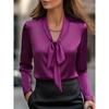 New Stylish and Elegant Plain-coloured Lace-up Satin Long-sleeved Shirt for Women