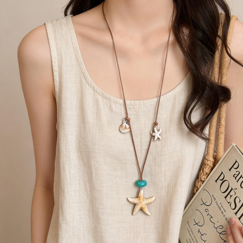 2026 Summer Bohemian Sea Star Shell Beads Pendant Long Rope Necklace For Women Trendy Beach Seaside Vacation Jewelry Accessories