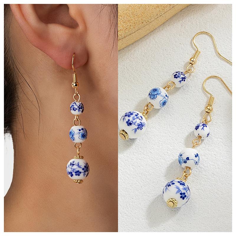 Blue White Porcelain Bead Earrings Round Chinese Style Retro for Women Han Fu Long Earring Pendant Niche Fashion Trend Accessory