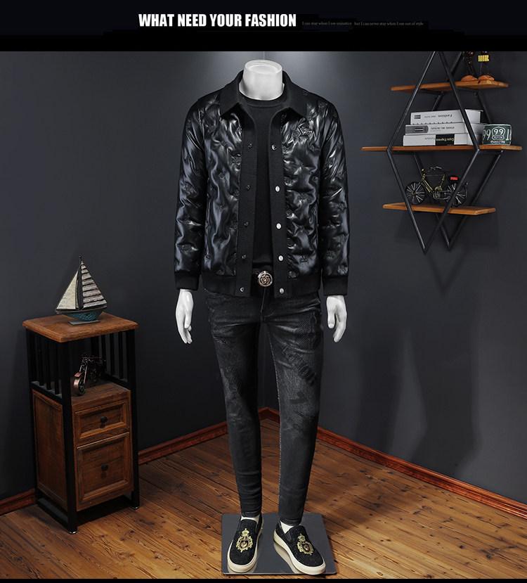 2024 Winter European Style Men's Casual Lapel PU Leather Down Jacket