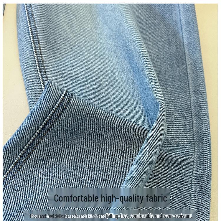 Jeans Recortados de Pierna Ancha de Cintura Alta con Encaje y Cinta Azul Claro para Mujer (Primavera 2025)
