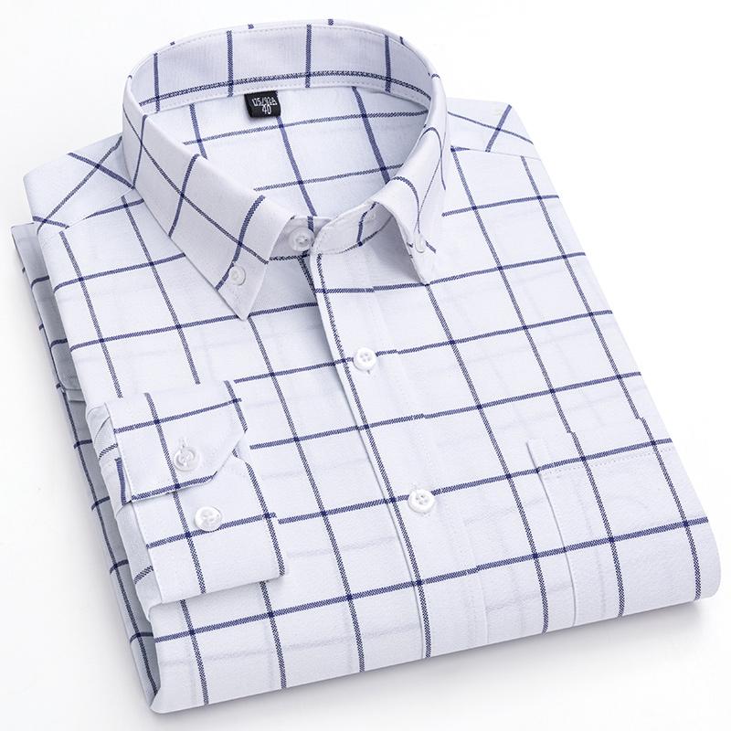 2026 Men Oxford Fashion 100% Cotton  Long Sleeve Casual Slim Solid Color Plaid Print Stripe Formal Dress Shirt Plus Size