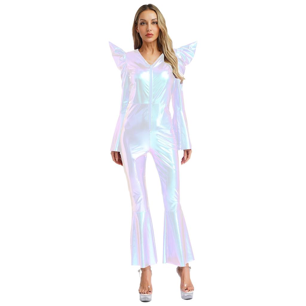 Tuta Disco Metallizzata Lucida da Donna Manica Lunga Vita Alta Zip Frontale Fondo a Zampa Romper Abbigliamento da Club