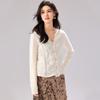 100% Pure Wool Winter New V-neck Hollow Leaf Pattern Pearl Buckle Gentle Women's Wool Cardigan