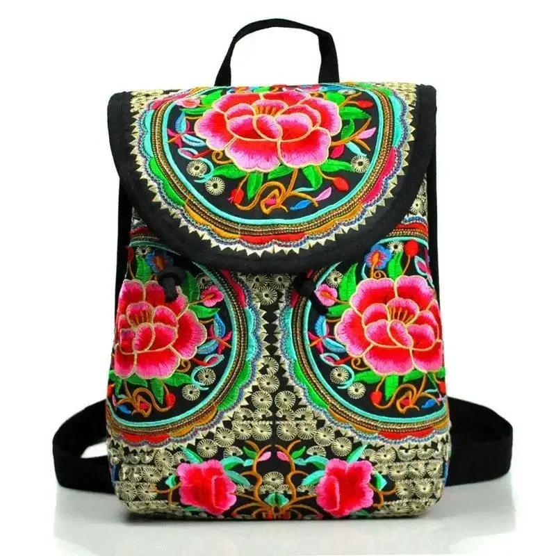 

1 Pcs National Embroidery Women Shopping Cover Backpacks!Nice Floral Embroidered Lady Bohemian Backrack Top-sale Canvas Backpack