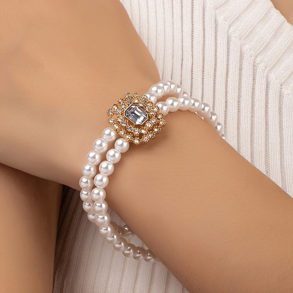 Foreign Trade, High-end Double-layer Imitation Pearl Bracelet Temperament Diamond-set Geometric Women's Jewelry