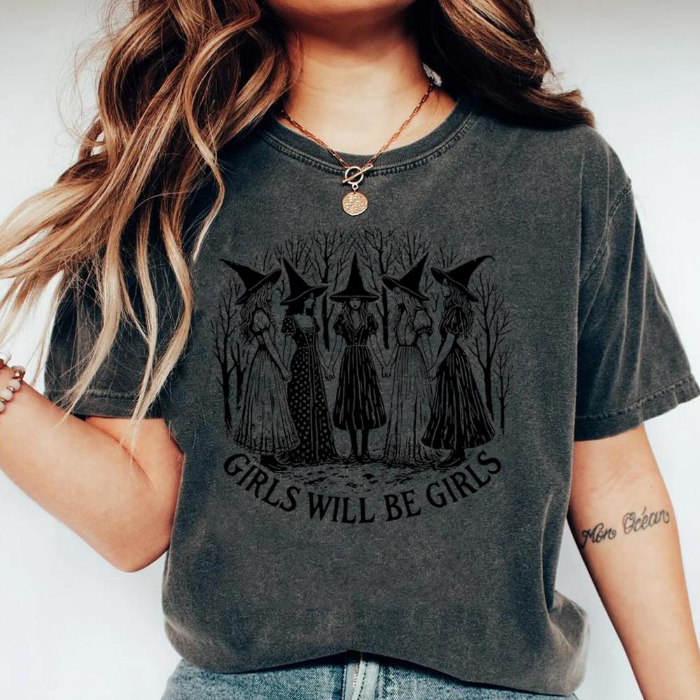Halloween Girls Will Be Girls Witch Shirt Funny Witch Shirts Girl Power Halloween Women Vintage Clothes Witchy Vibes Tee Tops S