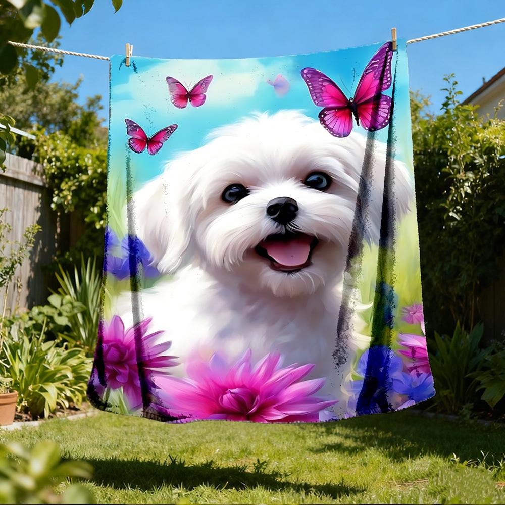 

1pc Butterfly Dog Floral Outdoor Flannel Blanket , Machine Washable Perfect Gift for Birthday , Holiday Travel Accessory , Durable Material 80x120cm