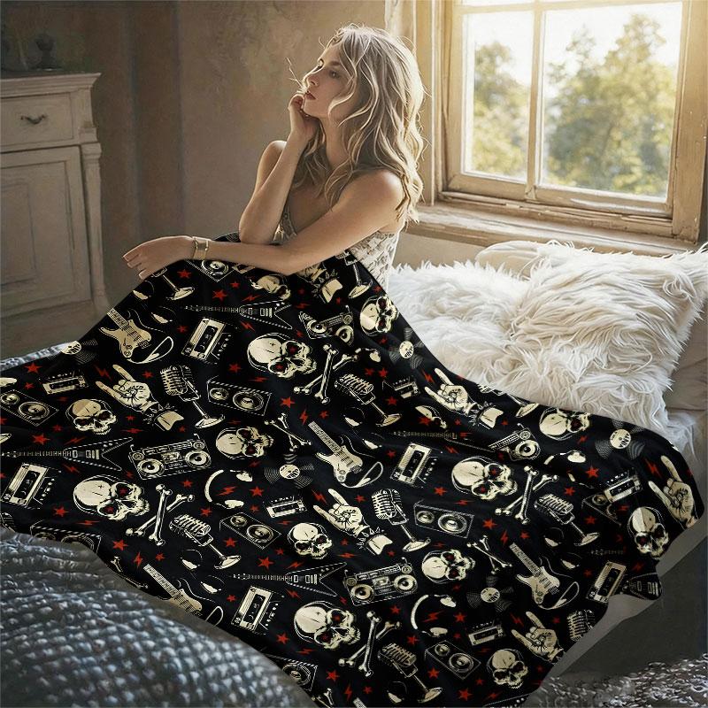 Rock Skull Seamless Flannel Blanket Perfect for Sofa Office Bed Travel Sleep Read Relax Camping Four Season Use