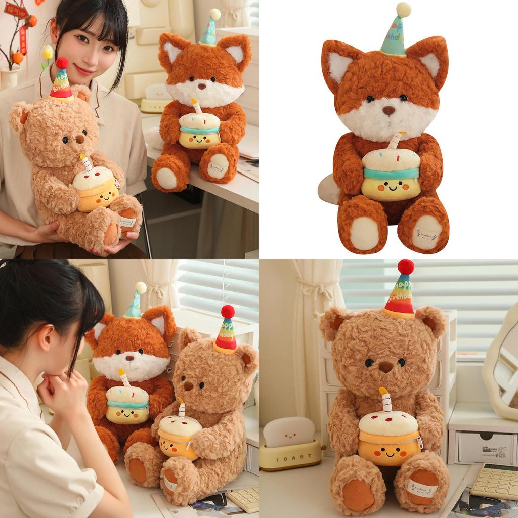 Plush Animal Toy Birthday Fox And Bear With Soft Short Plush For Kids Gift