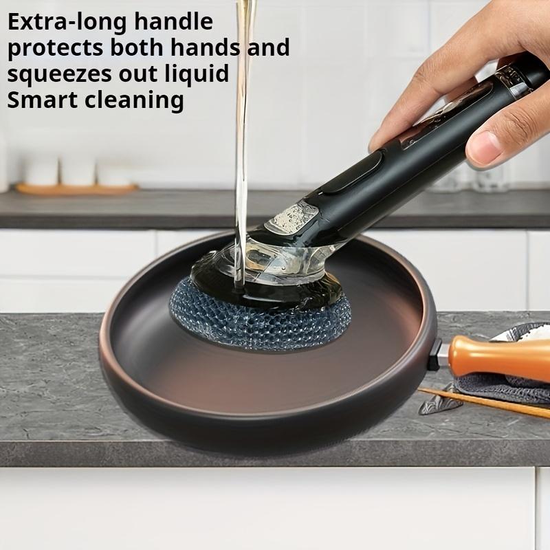 1pc Pot Brush with Handle, Cleaning Brush with Soap Dispenser, Non-Electric Plastic Kitchen Brush for Pans, And Bowls, Easy-To-Clean Steel Wool Brush