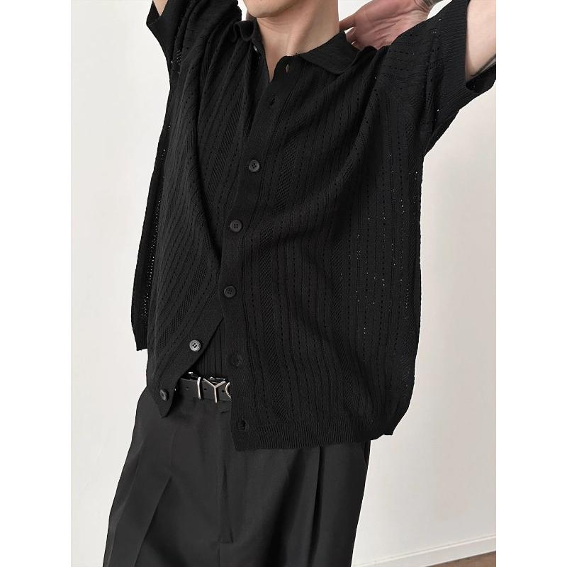 

Men s Knitted Hollow Out Polo Shirt Casual Short Sleeve Button Down Loose Breathable Summer Top M чёрный