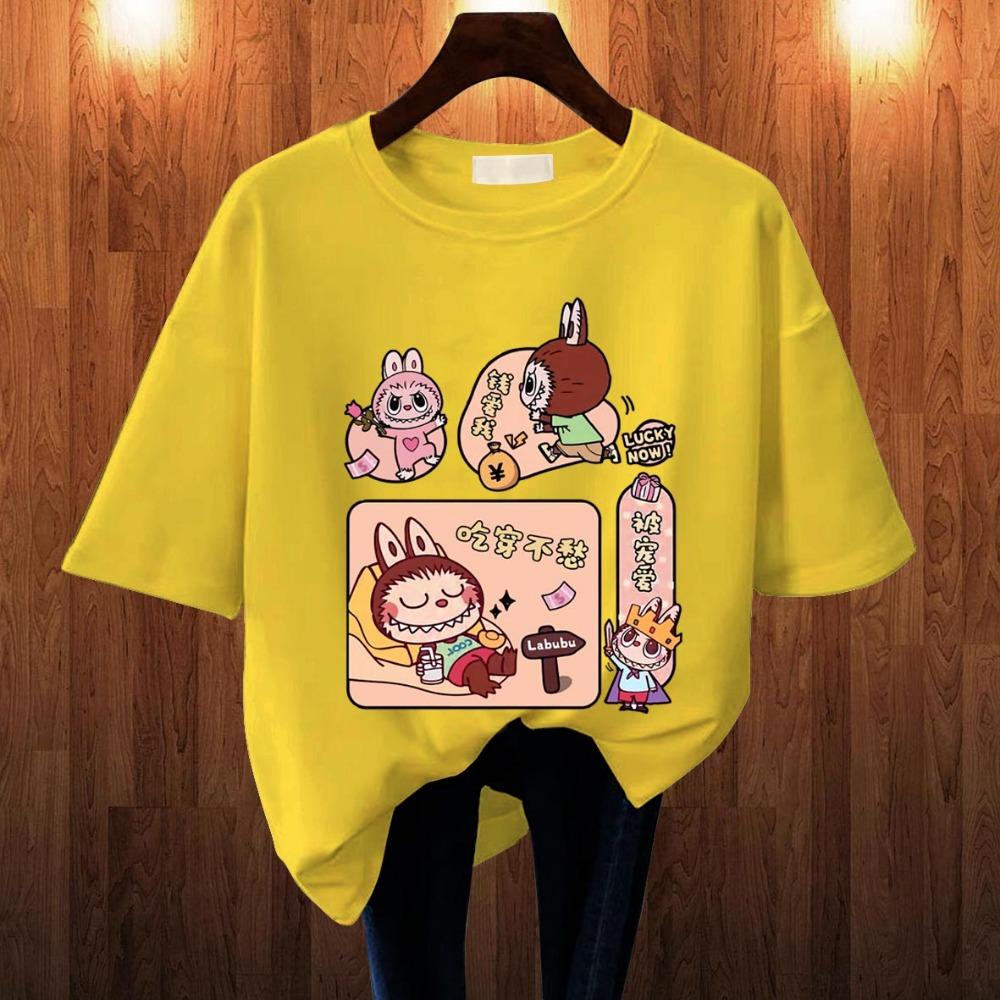 2025 Popular Children's Clothing Short Sleeved LABUBU Rest Holiday Pattern Round Neck T-shirt Cartoon Style Girl's Top