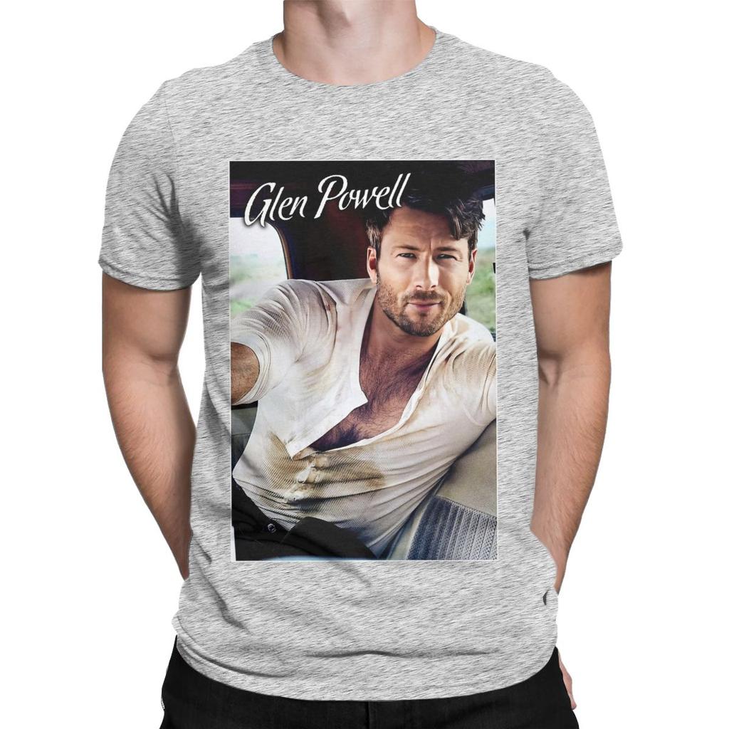 Men Glen Powell 90s Retro T Shirts Cotton Clothes Vintage Short Sleeve Crewneck Tee Shirt Classic T-Shirts