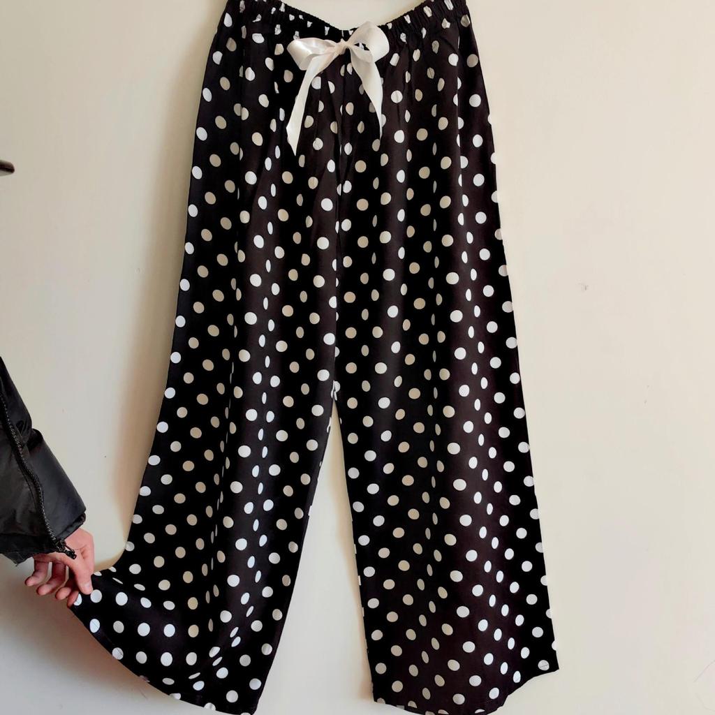 Women's Cotton-Silk Cartoon Pajama Pants, Summer Thin, Black & White Wide-Leg, Plus Size, Outdoor Beach Wear.