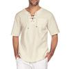 Men's Summer Comfortable Short Sleeve Linen T-Shirt Fashion Casual Solid Loose Fit Lace Up Top
