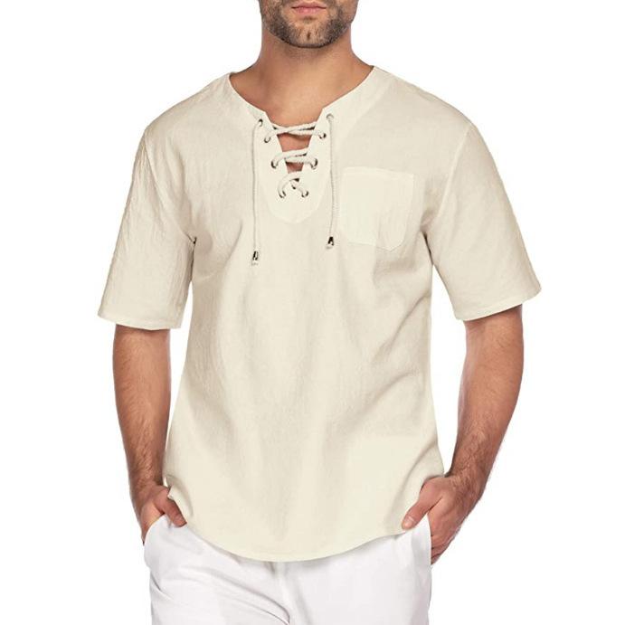 Men's Summer Comfortable Short Sleeve Linen T-Shirt Fashion Casual Solid Loose Fit Lace Up Top