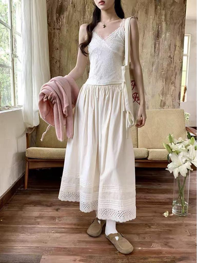 Spring 2026 Korean Slimming Lace-Trim White Midi Skirt