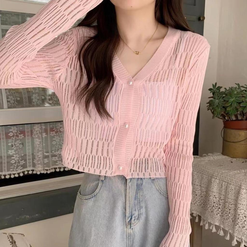 Thin Ruffled V - Neck Knitted Sweater for Women Long - Sleeve Sun - Protection Short Cardigan for Summer Figure - Slimming Outerwear Top