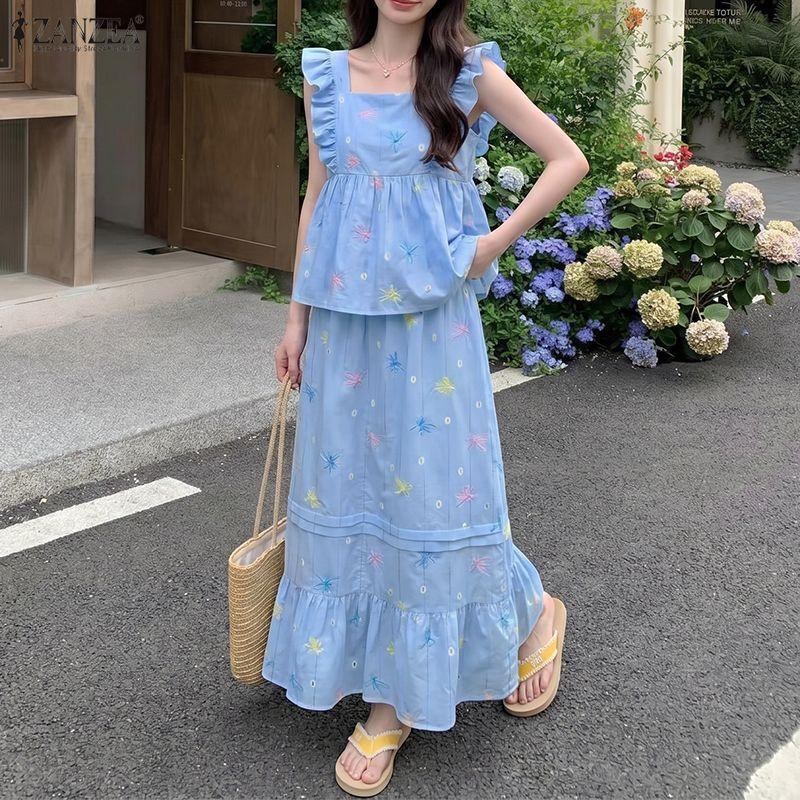 ZANZEA Women Sleeveless Tank Tops and Long Skirts Casual Two Piece Suit Sets