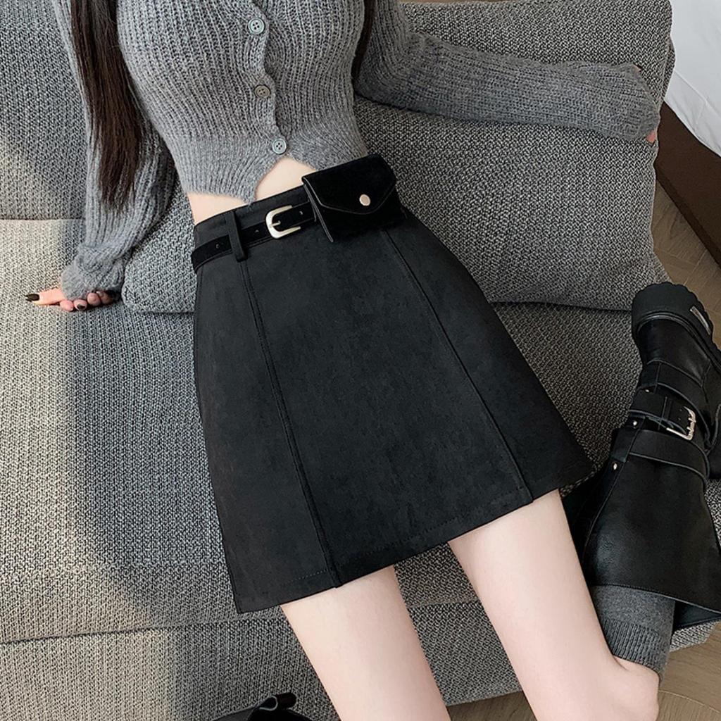 High-Waist Plus Size Korean Style PU Suede A-Line Skirt with Belt Bag - Spring/Autumn Women's Short Skirt