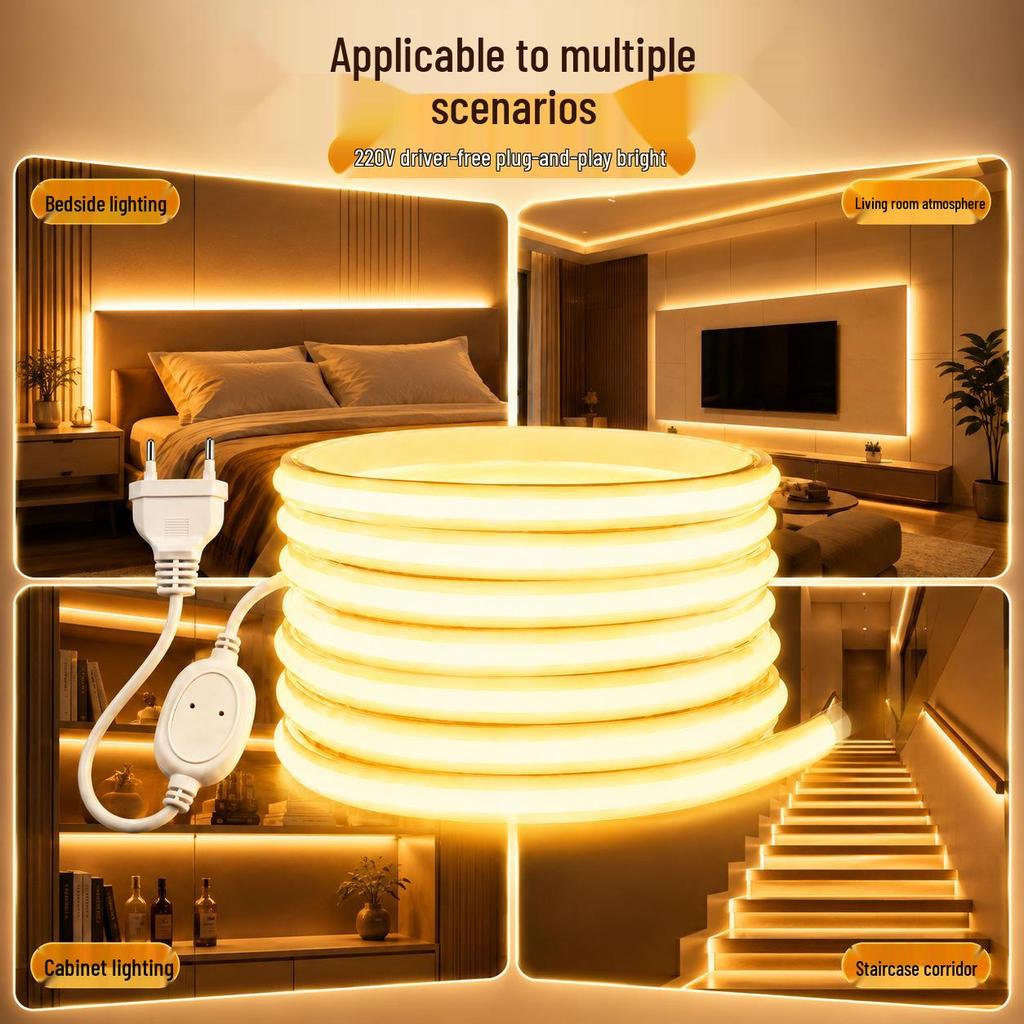 220V Plug-in COB LED Strip Light, Waterproof, Self-Adhesive, Flexible Silicone for Outdoor Use