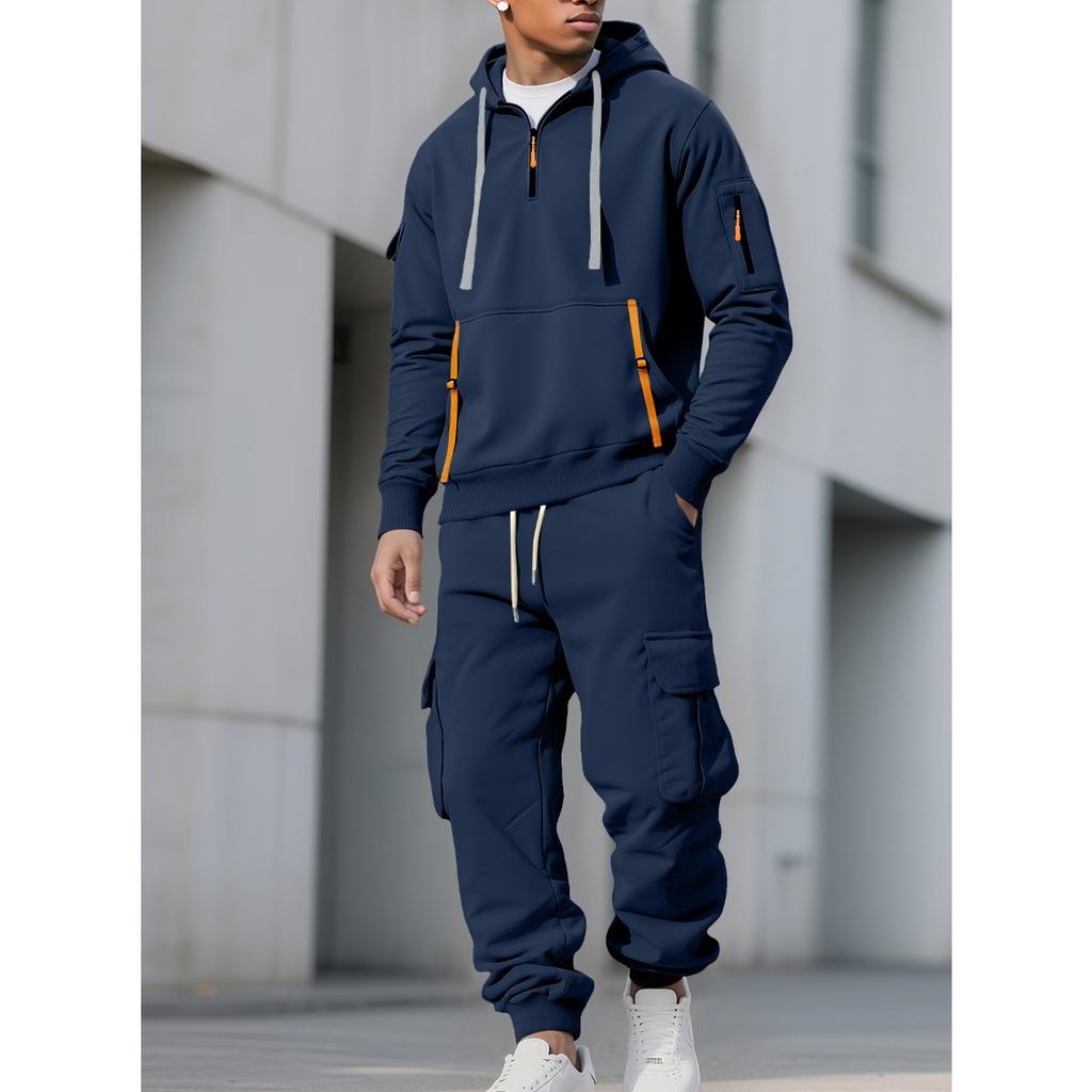 New, Autumn/Winter, Men's, Velvet Hoodie, Fashion, Hoodie, Zipper, Multi Pocket, Work Pants Set