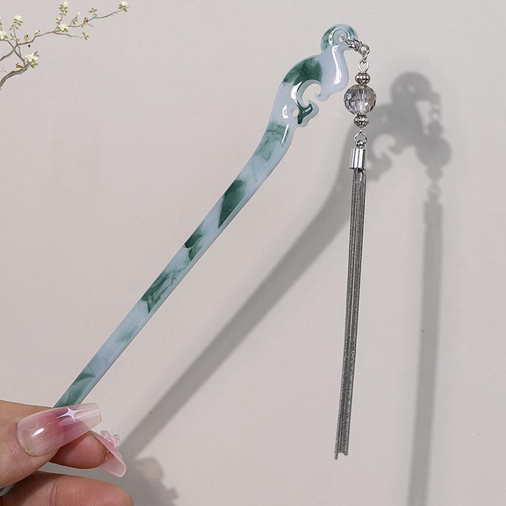 Ancient Chinese Style Hairpins Gradient Green Color Resin Hair Sticks Forks Chain Tassel Pendant Headpieces Hair Bun Maker