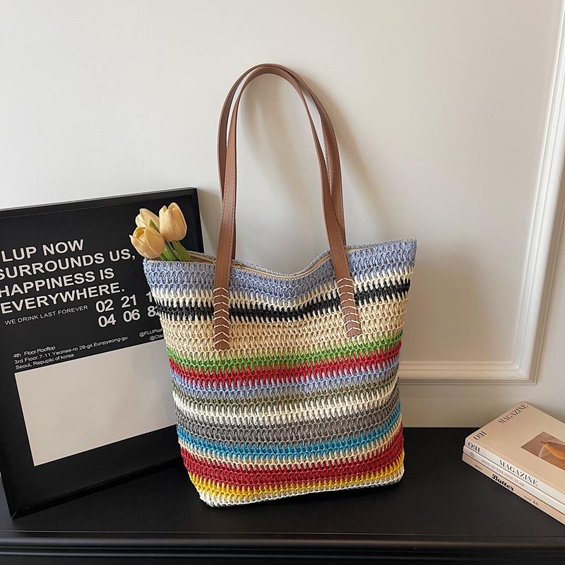 Bolsa de Palha Tecida com Listras Arco-Íris Feminina - 2026 Bolsa de Ombro de Grande Capacidade para Férias na Praia e Deslocamento