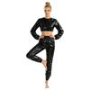 Waterproof Vinyl Long Sleeve Crop Top and Elastic Waist Capri Pants Set with Back Zipper Side Drawstrings for Women Fitness Workout