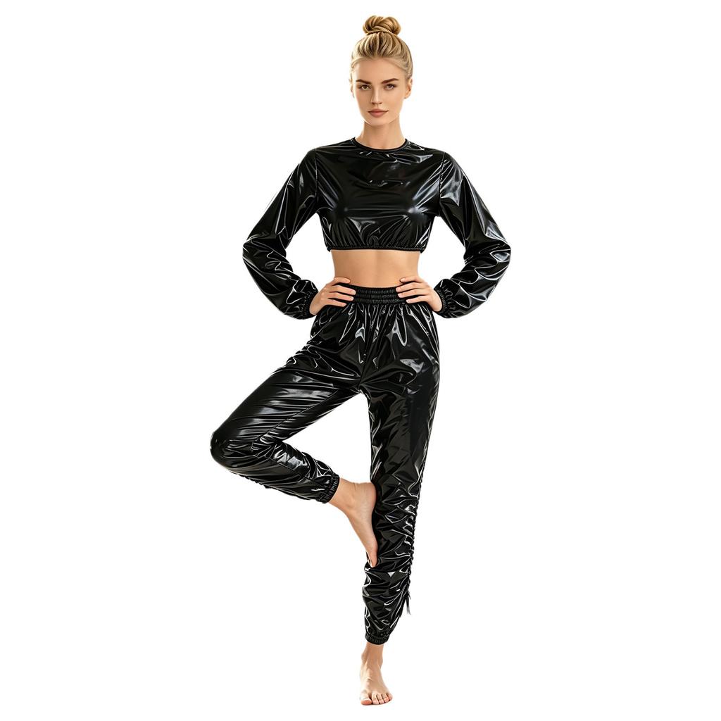 Waterproof Vinyl Long Sleeve Crop Top and Elastic Waist Capri Pants Set with Back Zipper Side Drawstrings for Women Fitness Workout