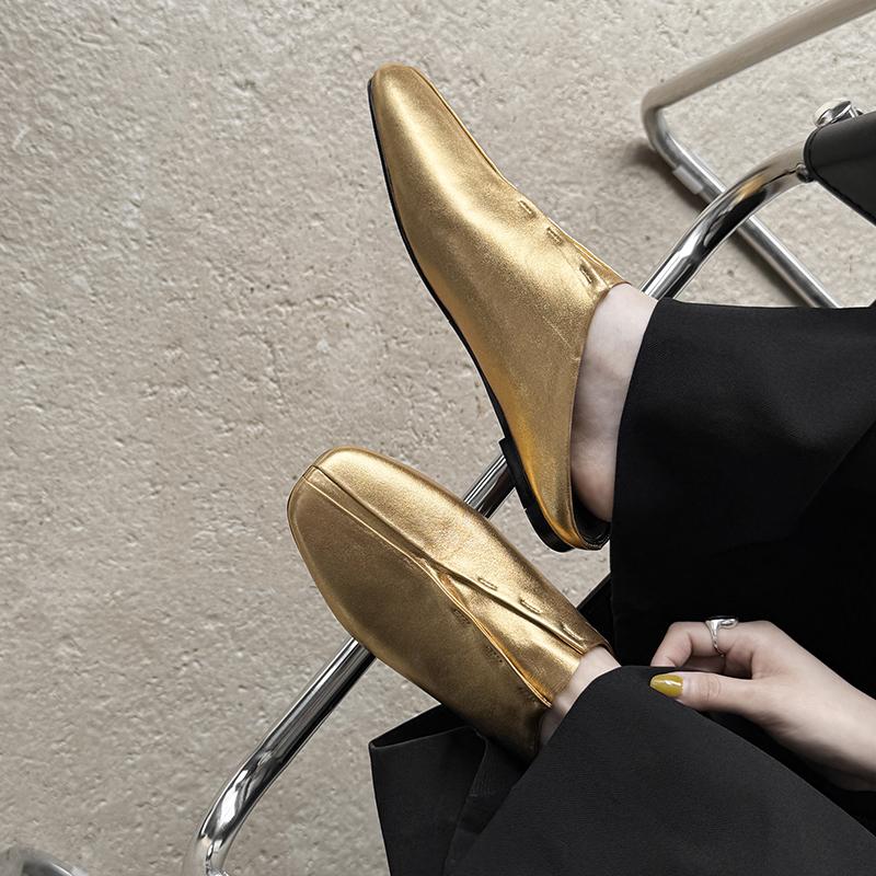 Fashion 2025 New Fashion Square Toe Flat Shoes Women Spring Summer Office Lady Party Genuine Leather Shoes Woman Mueller Slippers