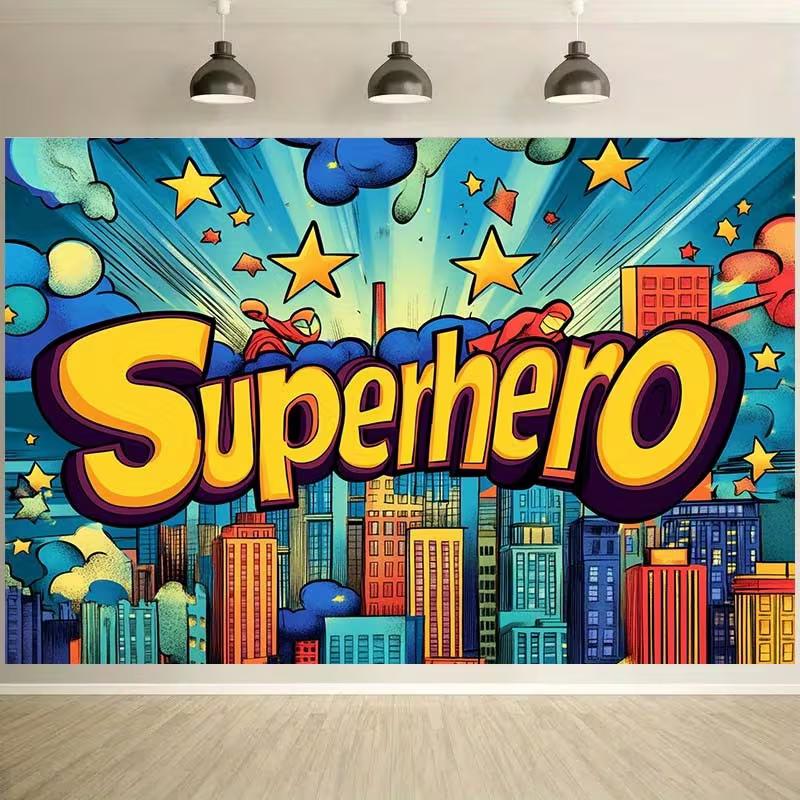2D Cartoon Superhero Star Backdrop for Superhero Theme Party Photo Booth 47.2x31.5inch/120*80cm