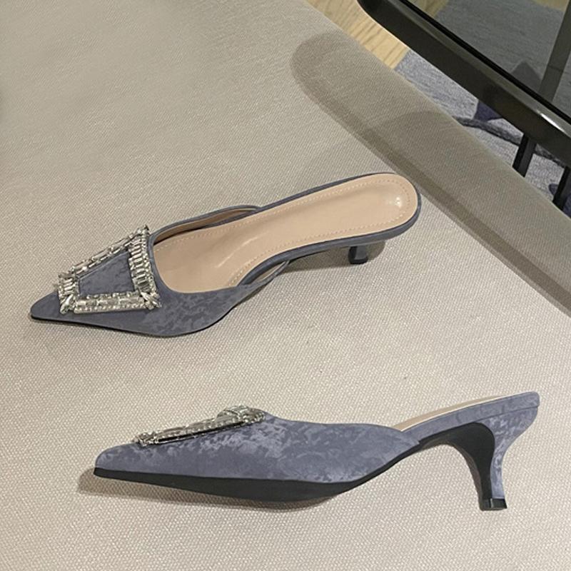 

Новый стиль, женские туфли-лодочки на шпильке с острым носком, шлепанцы, летние сандалии с пряжкой с кристаллами, шлепанцы без шнуровки