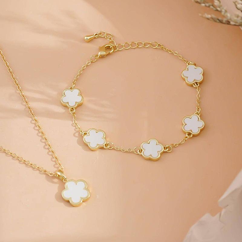 Five Petal Five Leaf Clover Necklace Bracelet Set For Women Fashion Jewelry белый