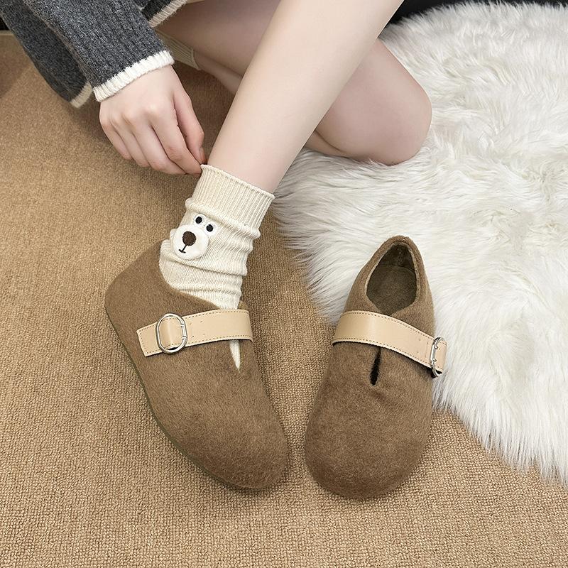 Mit Gusen überzogene Mao Mao Einzelschuhe für Damen Herbst- und Winterbekleidung 2025 neue französische Ein-Wort Mary Jane Schuhe mit flachem Ausschnitt