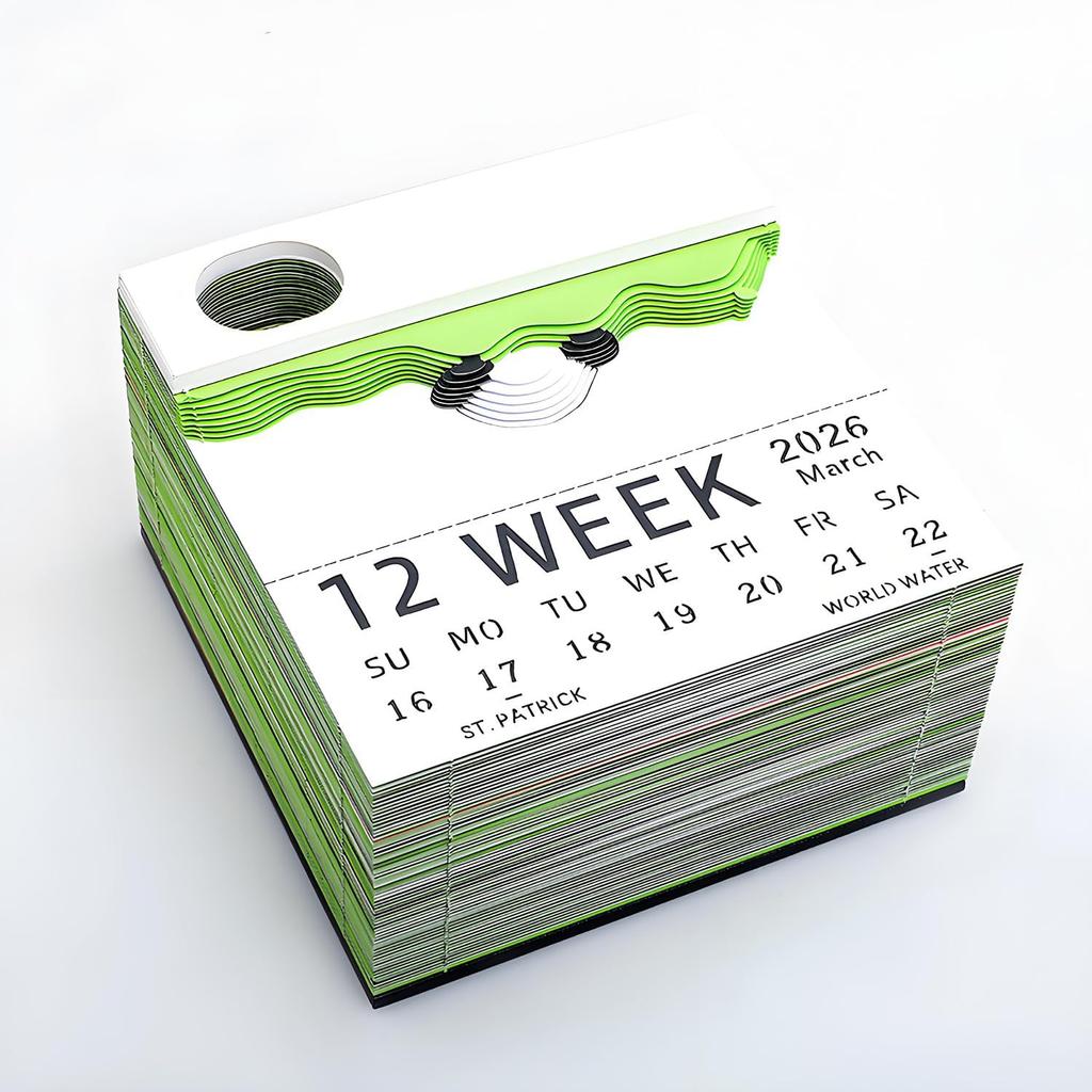 3D Creative Time Piece Calendar 2026 Desk Weekly Calendar Decoration with Acrylic Case, Paper Sculpture Non-stick Notes, Paper Carving Art Craft