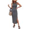 Women Summer Sleeveless Backless Black White Striped Slit High Waist Bodycon Long Dress