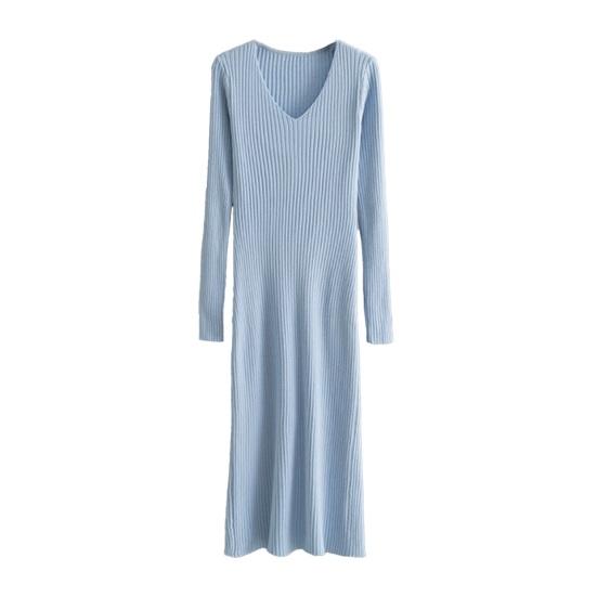Women's Sweater Dress Fall Long Sleeve V Neck Ribbed Knit Split Long Dress Casual Bodycon Slim Fit Midi Dress