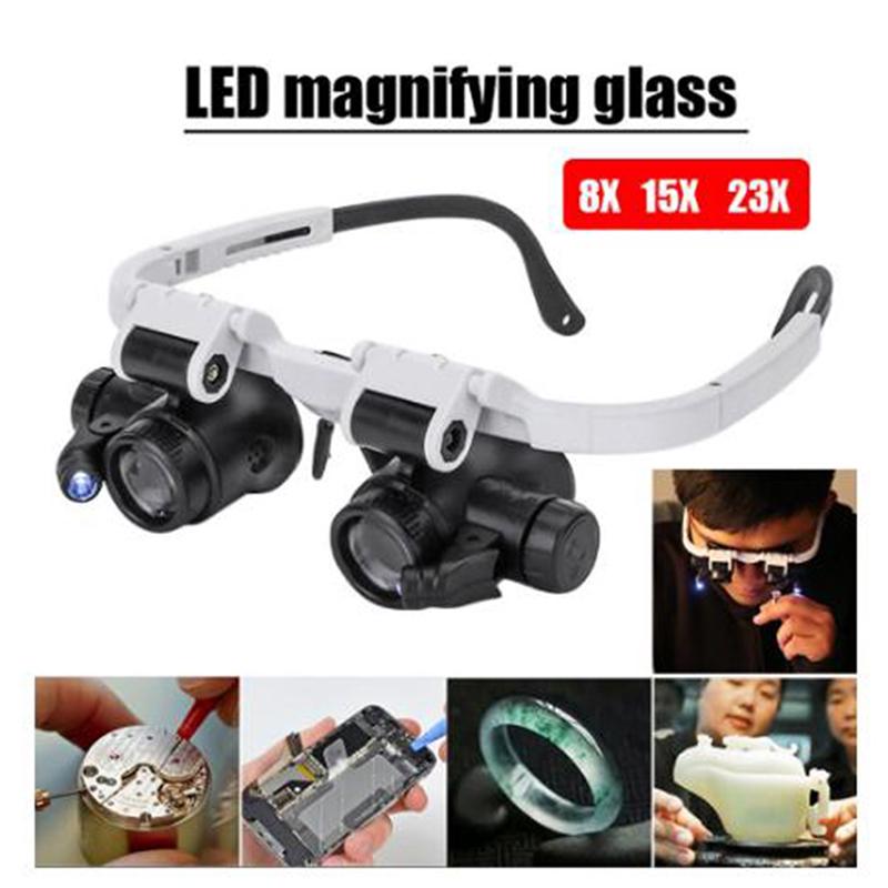 Headband Glasses Magnifier With Led Light 8X 15X 23X Watchmaker Jeweler Loupe
