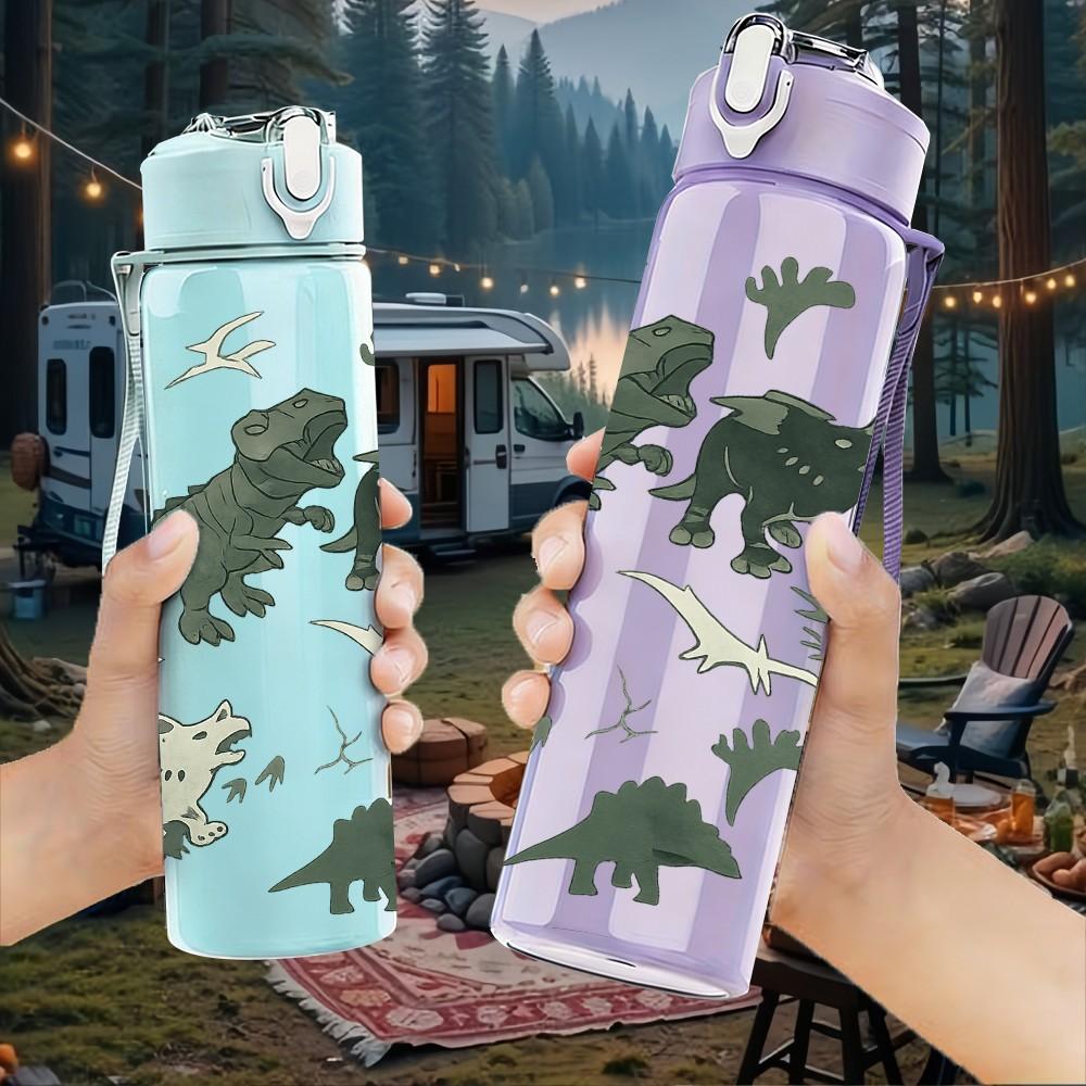 1PC Dinosaur Silhouette Group Print 750ml Color Plastic Sports Water Bottle Leakproof Flip Straw Lid Suitable for Sports Office Home Use