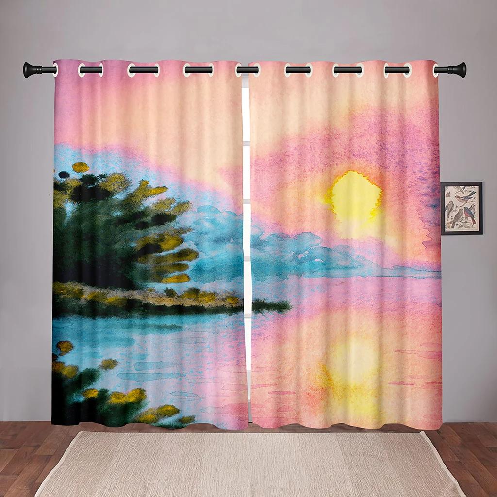 2PiecesNature Landscape Sunset Sea Blackout Window Curtains for Bedroom Living Room Bathroom Kicthen Door Hall High Shading New