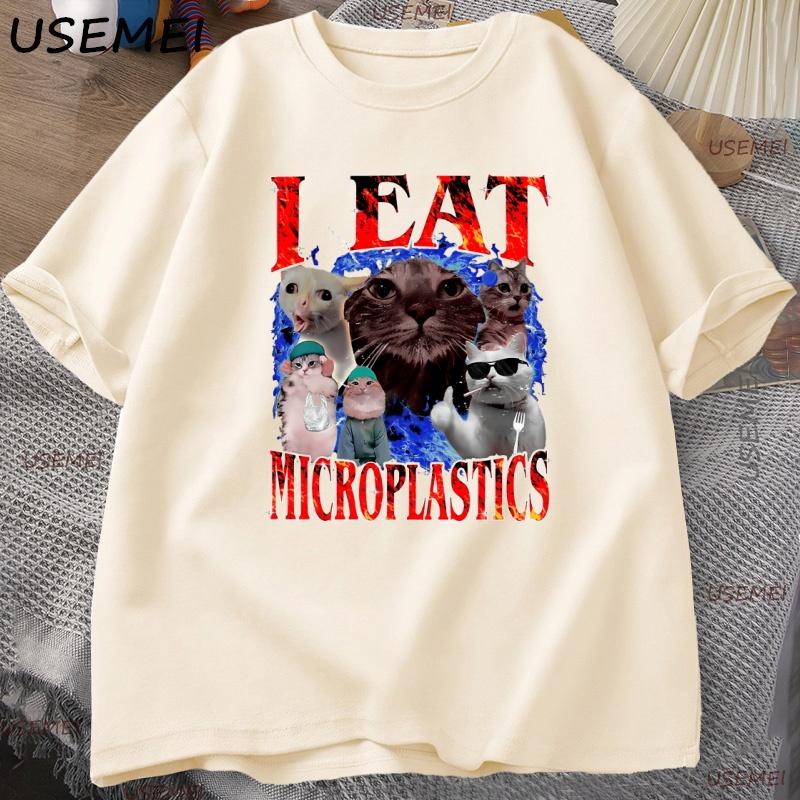 Cursed Cat T Shirt I Eat Microplastics Graphic Tee for Unisex Women Funny Weirdcore Top Cotton Short Sleeve Loose Tshirt Clothes