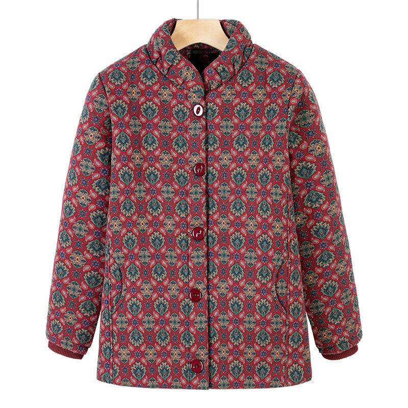 Floral Velvet-Lined Winter Coat for Middle-Aged and Elderly Women