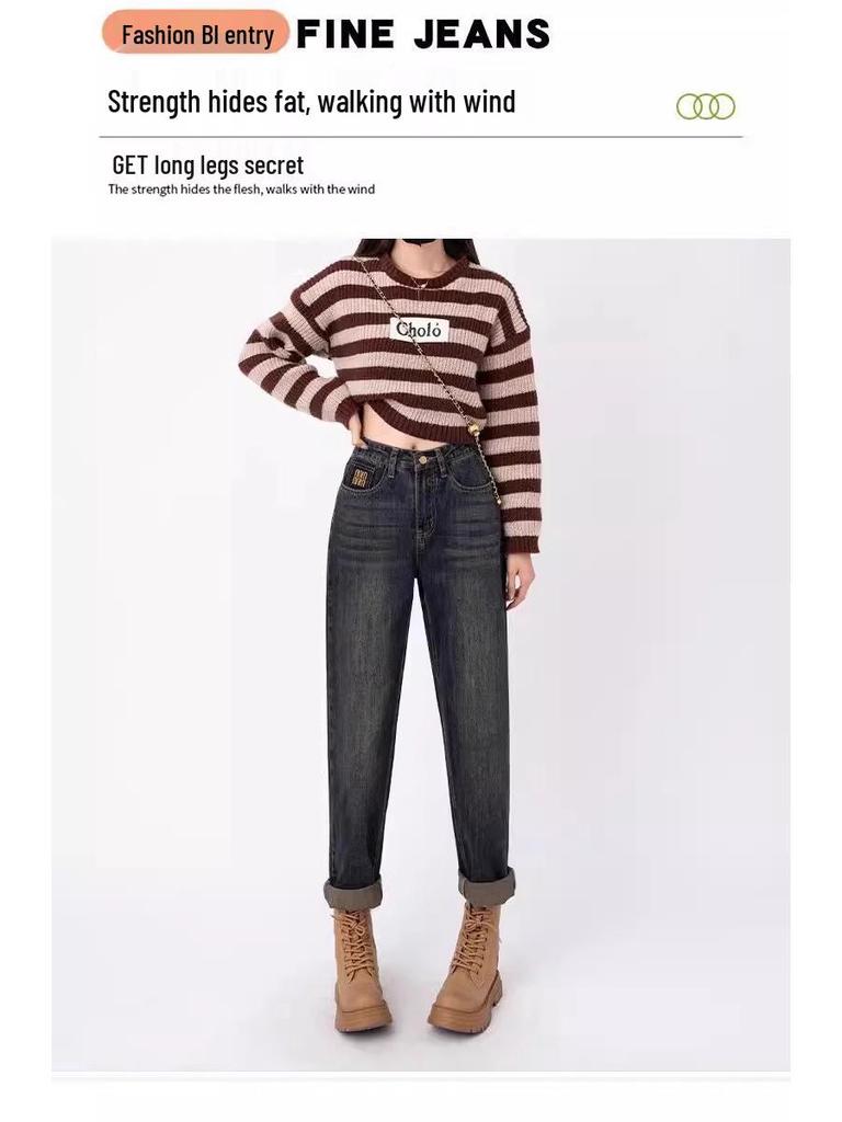 Plus Size Fleece-Lined High Waist Harem Jeans for Women - Autumn/Winter Slimming Carrot Fit