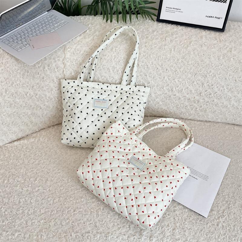 Autumn New Quilted Padded Cotton Love Plaid Tote Bag Mommy Bag Single Shoulder Women's Large Capacity Handbag