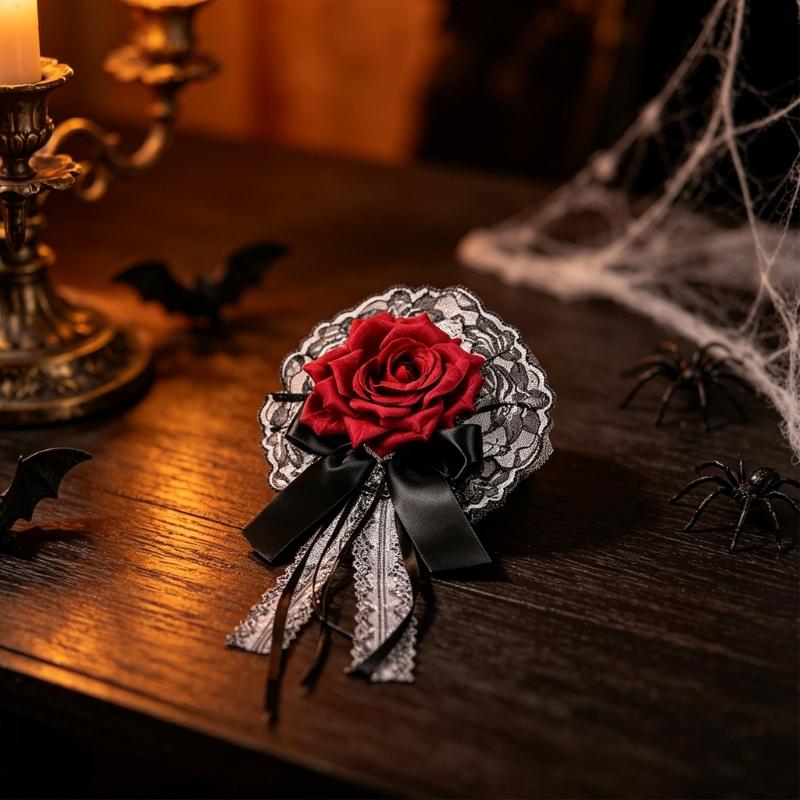 Lace Rose Flower Hair Clip Hair Styling Accessory with Long Ribbon Tails, Gothic Spring Clip for Women Costume Styling and Decoration Wear