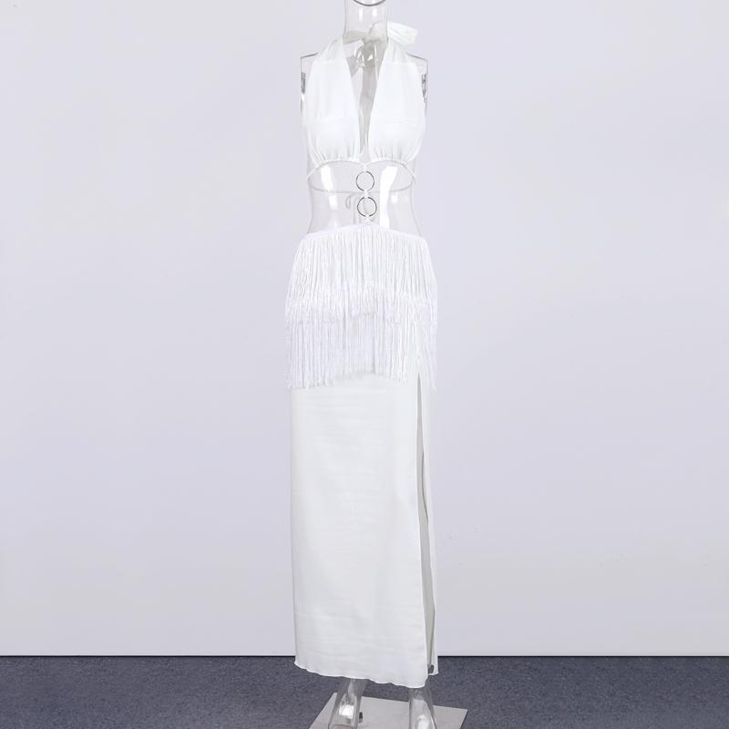 Tassel Hollow Out Backless Split Halter Dress Women Sexy White Off Shoulder Long Dresses Lady Fashion Beach Vestidos